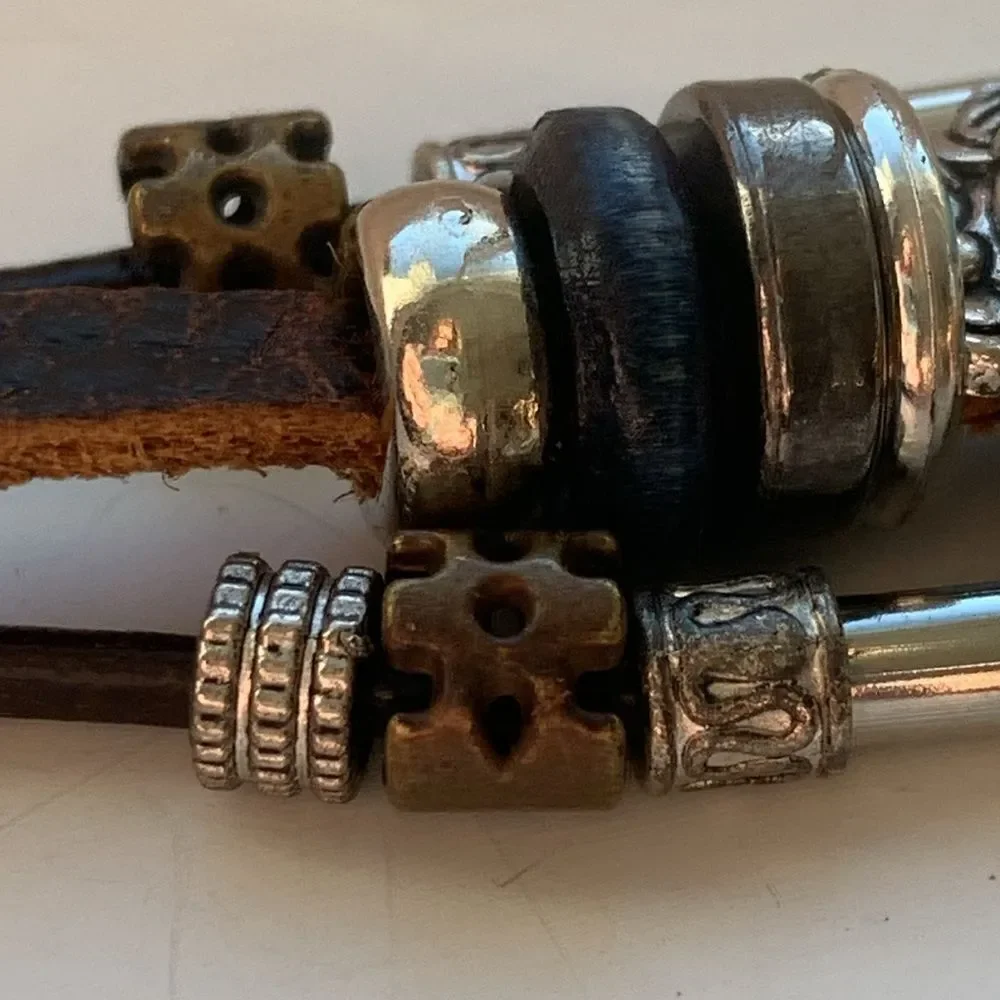 Rugged Western Boho Multi-Strand Bracelet, Faux Turquoise & Brown Leather